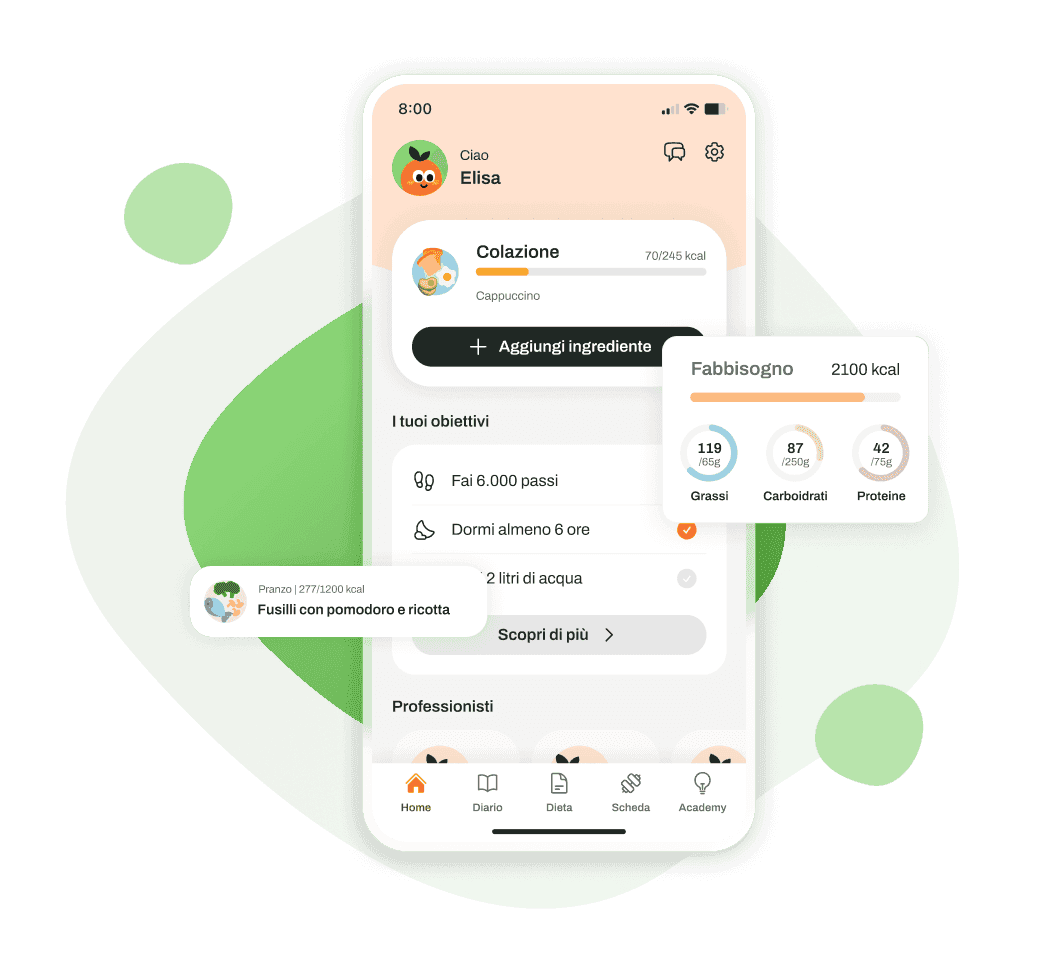 App Vita Health: la schermata di oggi con colazione, obiettivi giornalieri e fabbisogno nutrizionale